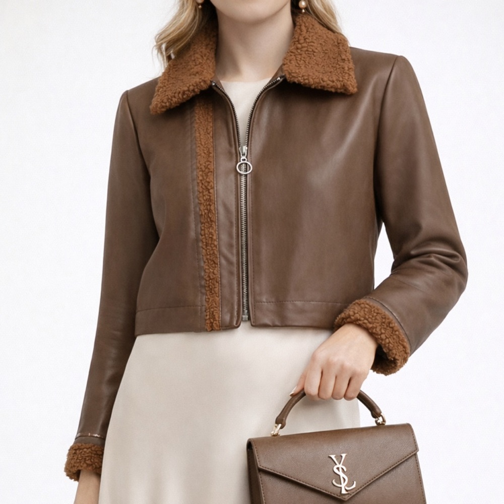 NWT Celina’s Brown lightweight Leather Jacket top with Shearling Trim size 46